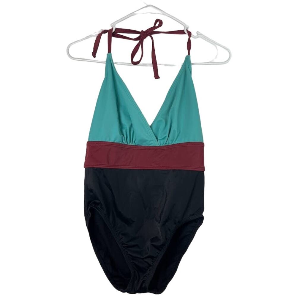 Beach Betty Swimsuit One Piece‎ Womens Size Medium V Neck Halter Tie Color Block